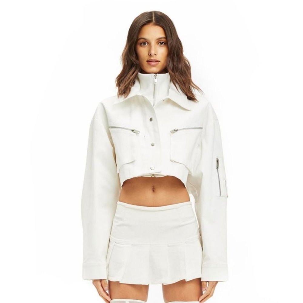 Double Layer High Neck Cropped White Zipper Detail Jacket